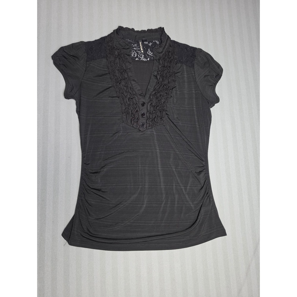 Heartsoul Womens Black Ruffle Lace Trim Short Sleeve Top Size L Z2708JY